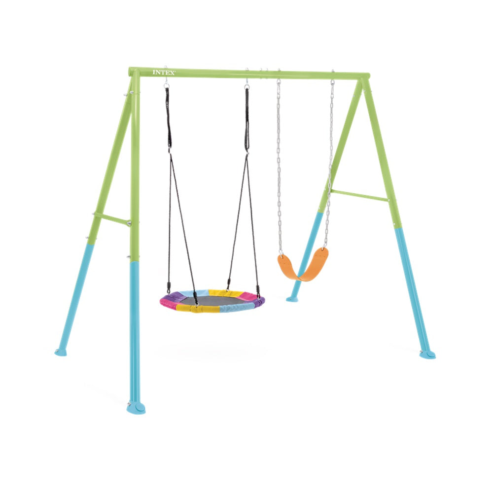 Schaukelgestell mit 2 verschiedenen Schaukeln in grün-blau