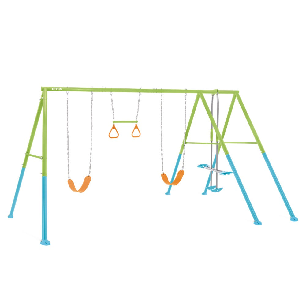 Schaukelgestell mit 4 verschiedenen Schaukeln in grün-blau