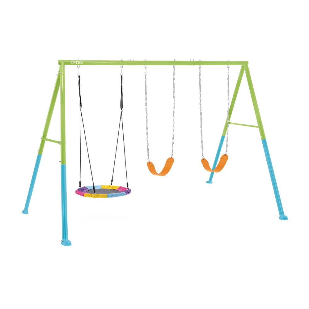 Schaukelgestell mit 3 verschiedenen Schaukeln in grün-blau