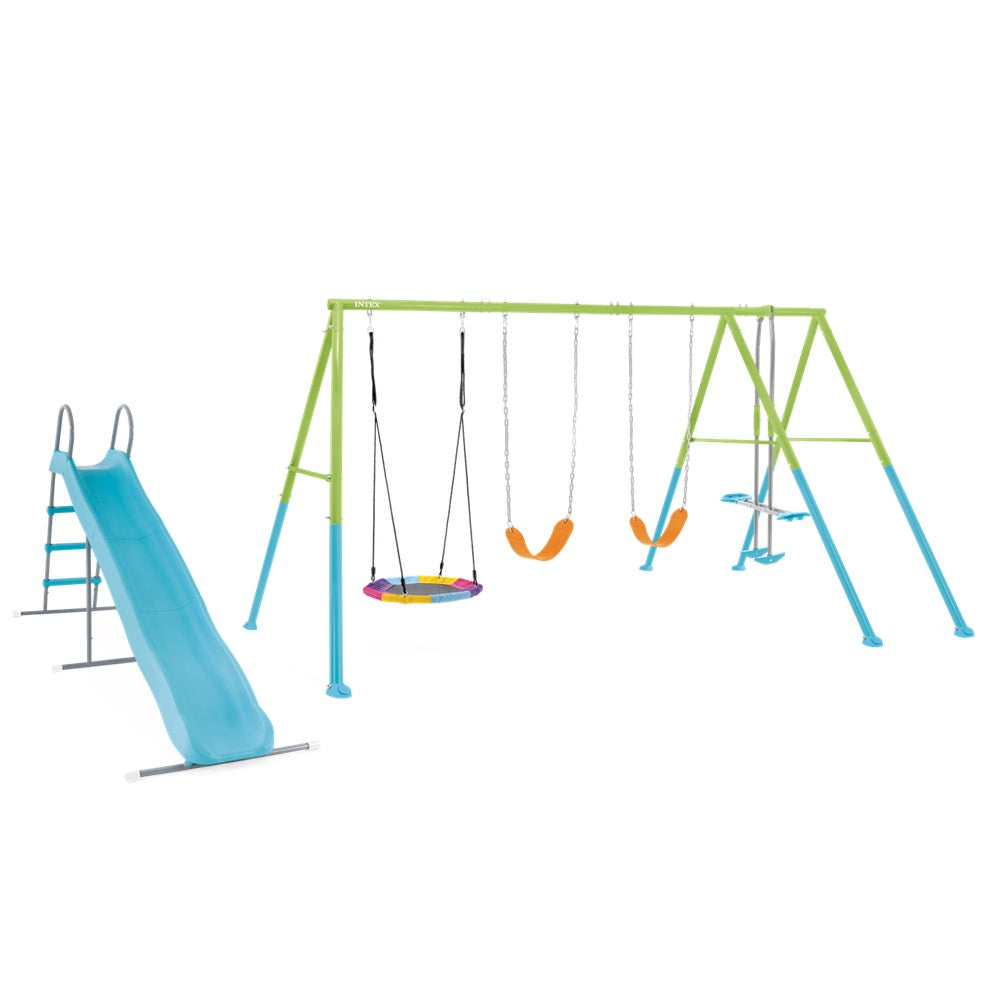 Schaukelgestell mit 4 verschiedenen Schaukeln in grün-blau und freistehende Rutsche blau